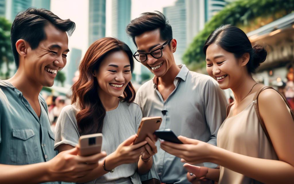 Diverse group of people happily using mobile phones in Singapore